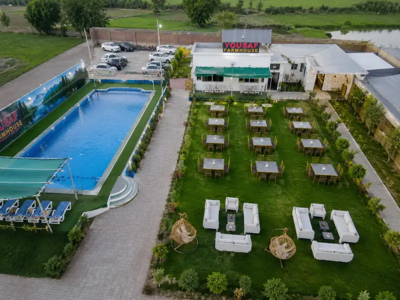Aerial view of Yousaf Farmhouse showing the pool, dining lawn, seating area and parking